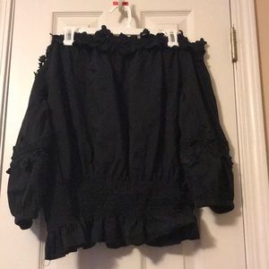 Black smocked waist lace detail off the shoulder